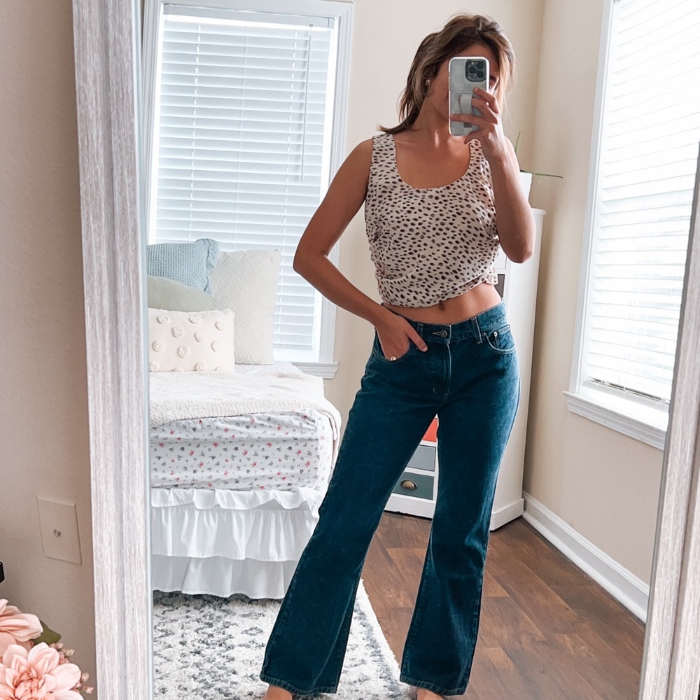 (kittenish) cream, purple, brown dot leopard crop ruched sides tank top